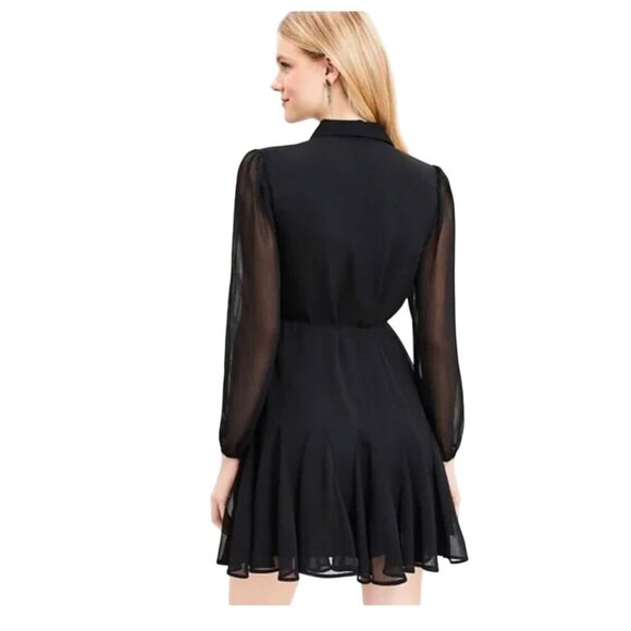 🆕 LOFT Black Chiffon Button-Down Long Sleeve Mini Dress with Tie Waist SZ Small - Picture 2 of 10